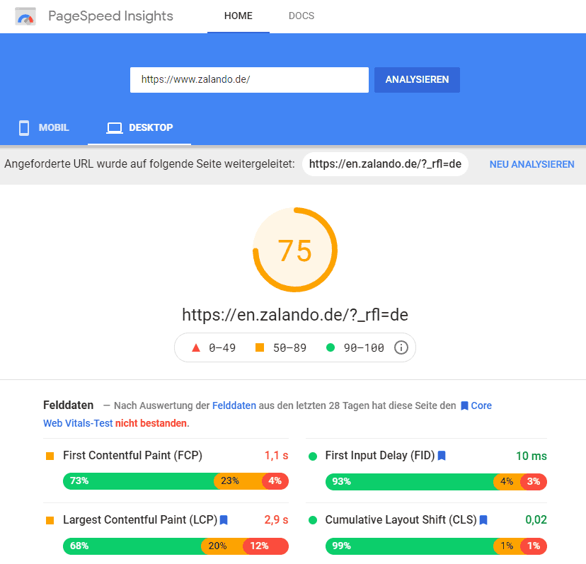 Pagespeed Insights zalando.de