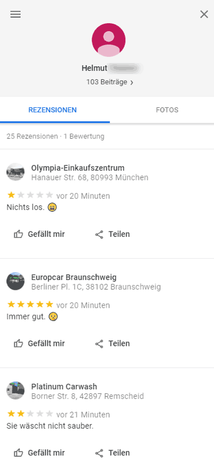 Beispiel für verdächtige Bewertungen