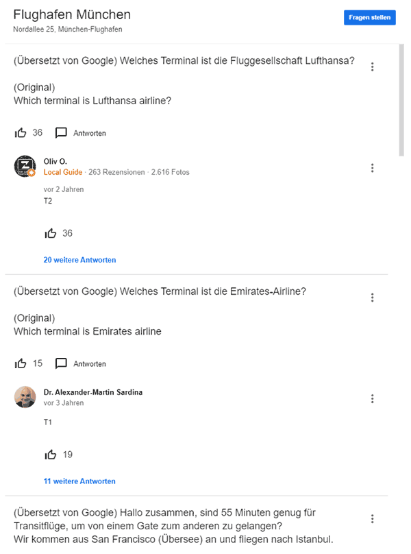 Fragen an Flughafen München bei Google My Business